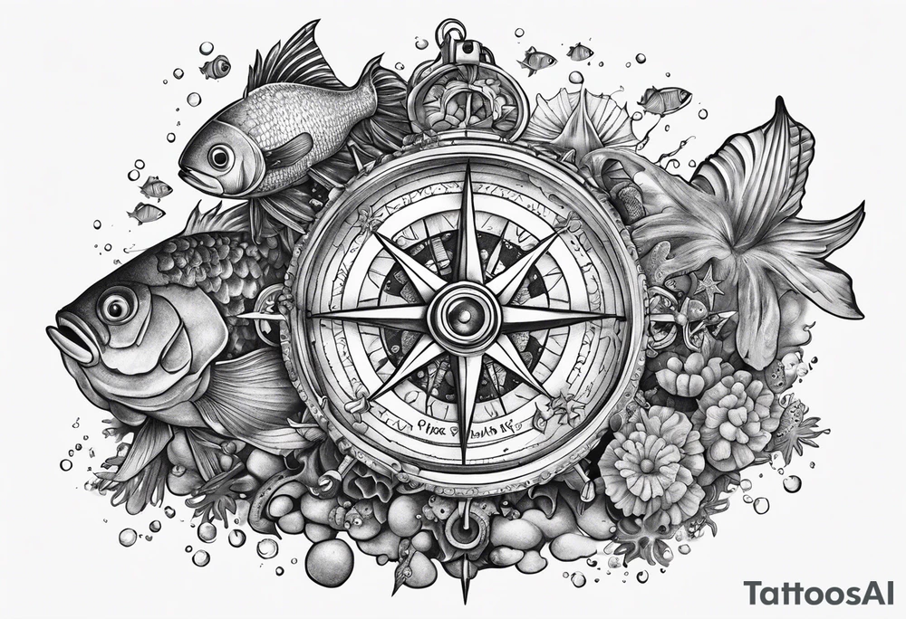 Pirate compass covered in barnacles, starfish and fish tattoo idea