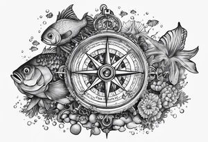 Pirate compass covered in barnacles, starfish and fish tattoo idea