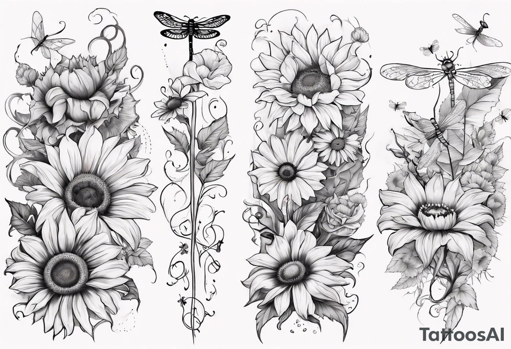 Arm sleeve, sunflowers, dragonflies, three cosmos flower, one violet, one carnation, vines , leaves, butterflies and bees tattoo idea