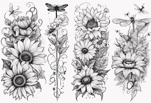 Arm sleeve, sunflowers, dragonflies, three cosmos flower, one violet, one carnation, vines , leaves, butterflies and bees tattoo idea