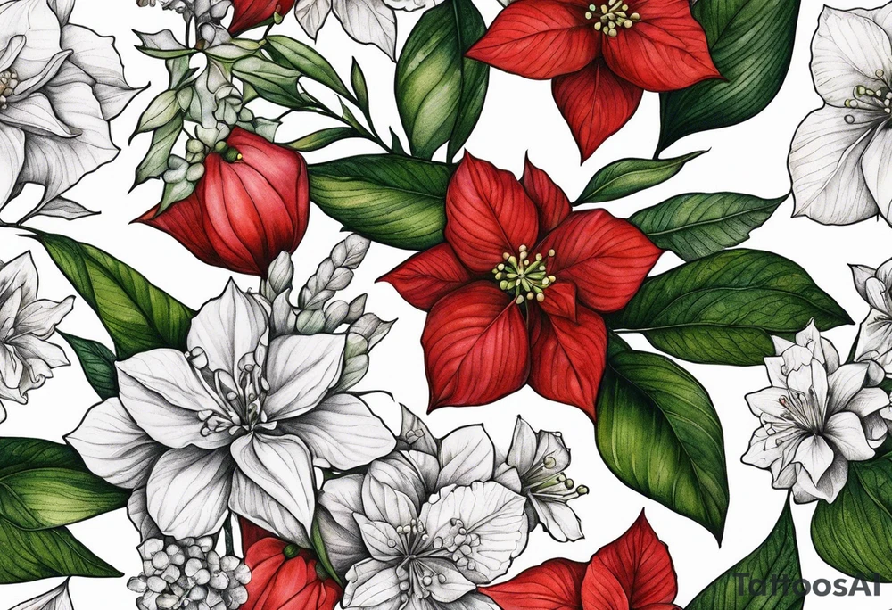 Hydrangea, Narcissus, Poinsettia, Holly, Gladiolus, Poppy, Daisy, Sweet Pea floral tattoo idea