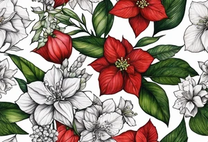Hydrangea, Narcissus, Poinsettia, Holly, Gladiolus, Poppy, Daisy, Sweet Pea floral tattoo idea
