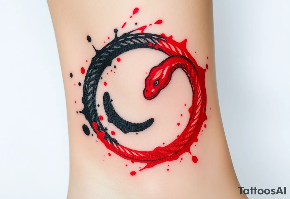 An ink-splattered Ouroboros snake forming cyrcle, appearing as if it was painted in bold brush strokes of deep red and black, symbolizing artistic chaos and creation. tattoo idea