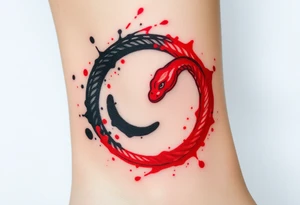 An ink-splattered Ouroboros snake forming cyrcle, appearing as if it was painted in bold brush strokes of deep red and black, symbolizing artistic chaos and creation. tattoo idea