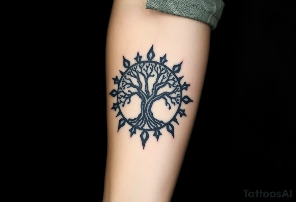 Tree encircled in a spiral sun or circle tattoo idea