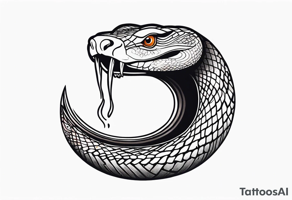 black and white drawing of a snake head with copper eyes an open mouth with mountain bike tire tread for body tattoo idea