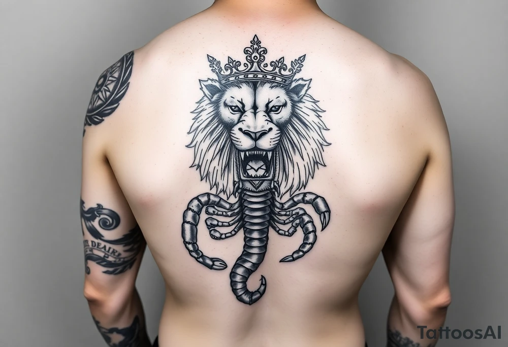 Full arm tattoo, Poseidon , a powerful and majestic lion with a crown and in the middle of this crown a square is a freemason's compass, a realistic scorpion, tattoo idea