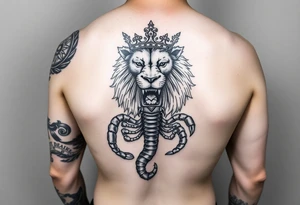 Full arm tattoo, Poseidon , a powerful and majestic lion with a crown and in the middle of this crown a square is a freemason's compass, a realistic scorpion, tattoo idea