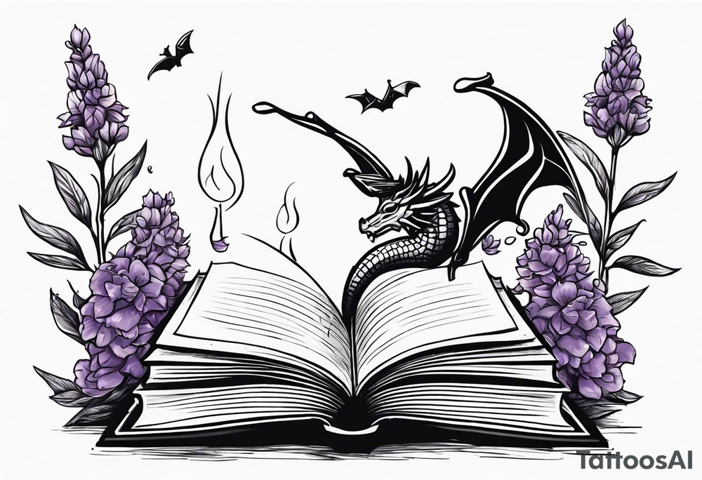 an open book. Above the book, a small dragon, flies. a pawn chess piece. Below the book, a cluster of lavender flowers tattoo idea