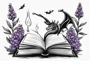 an open book. Above the book, a small dragon, flies. a pawn chess piece. Below the book, a cluster of lavender flowers tattoo idea