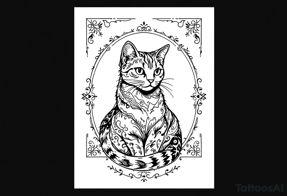 Neo traditional cat in an ornate frame tattoo idea