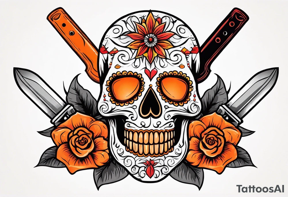 Orange Sugar skull with knifes that are orange and red with smoke around it tattoo idea