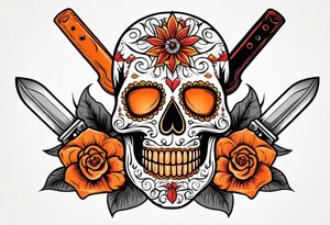 Orange Sugar skull with knifes that are orange and red with smoke around it tattoo idea