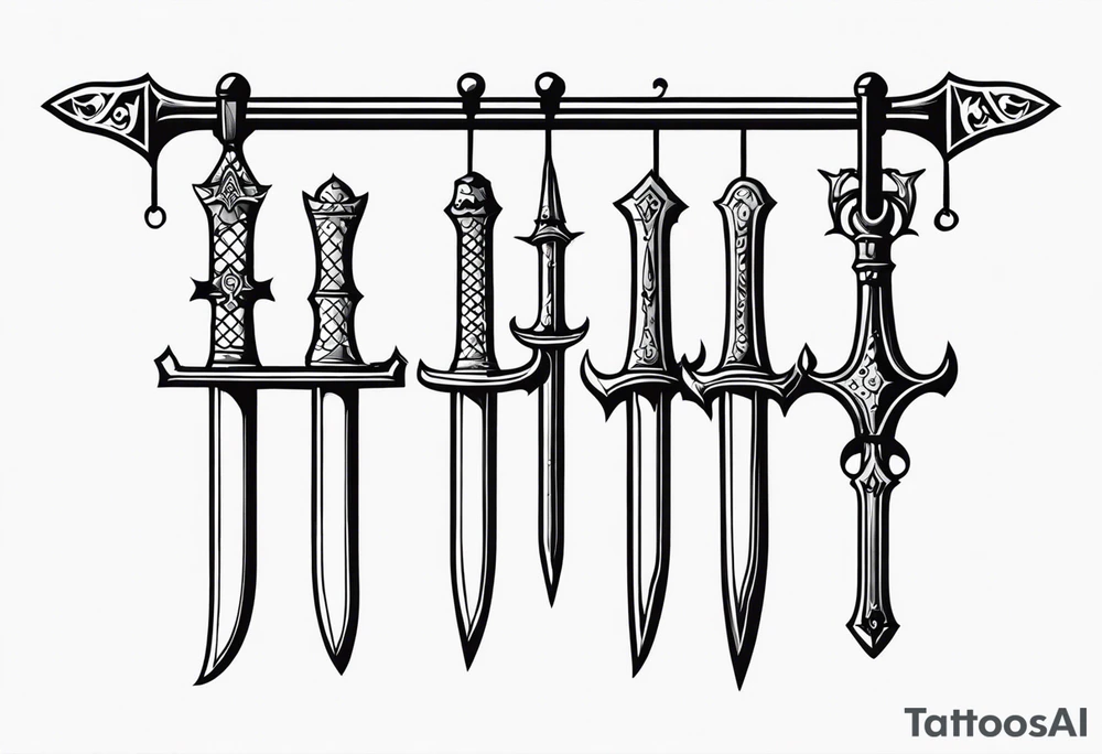 Medieval weapons rack with 4 different kind of piercing weapons hanging from 4 of the 6 open spaces. tattoo idea