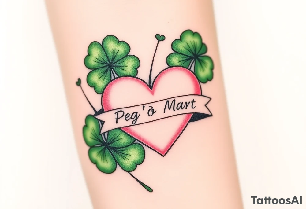 Big patch green shamrocks and a big pale pink heart with a banner across the heart that says Peg 'o My Heart tattoo idea