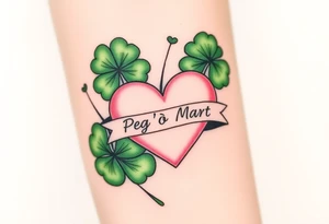 Big patch green shamrocks and a big pale pink heart with a banner across the heart that says Peg 'o My Heart tattoo idea
