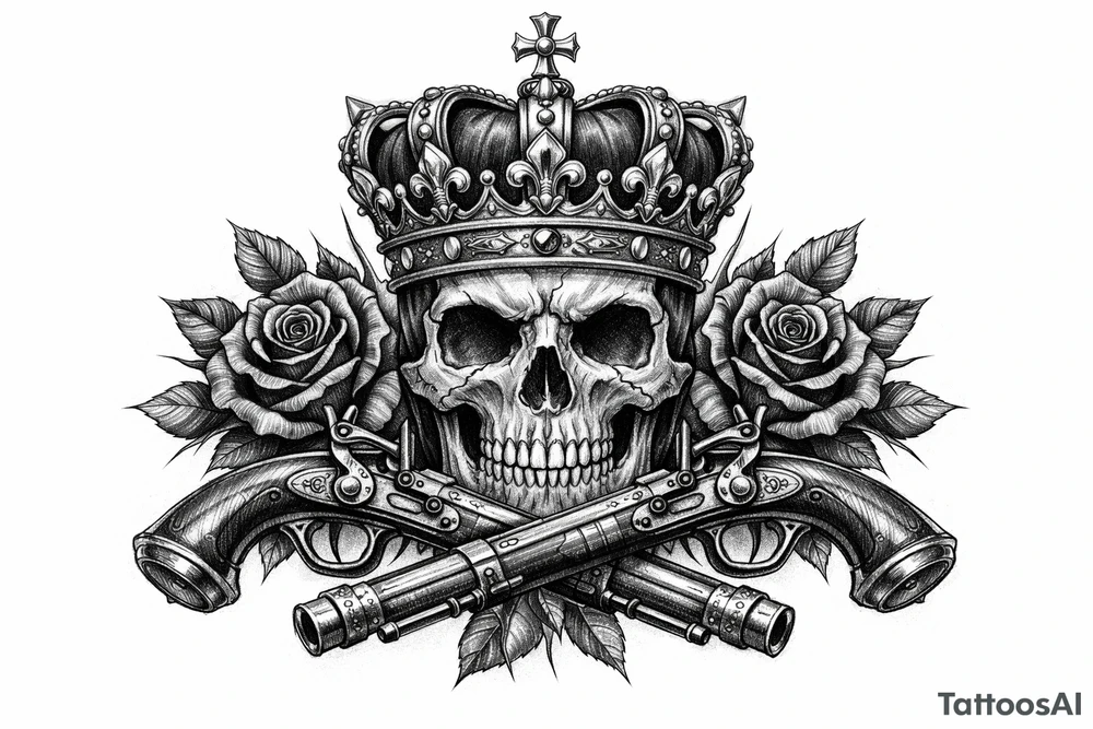 Skull with a regal crown, crossed flintlock pistols, and dark red roses. tattoo idea