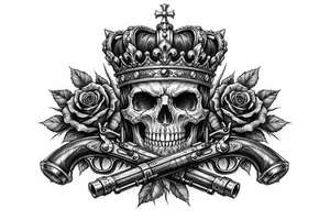 Skull with a regal crown, crossed flintlock pistols, and dark red roses. tattoo idea