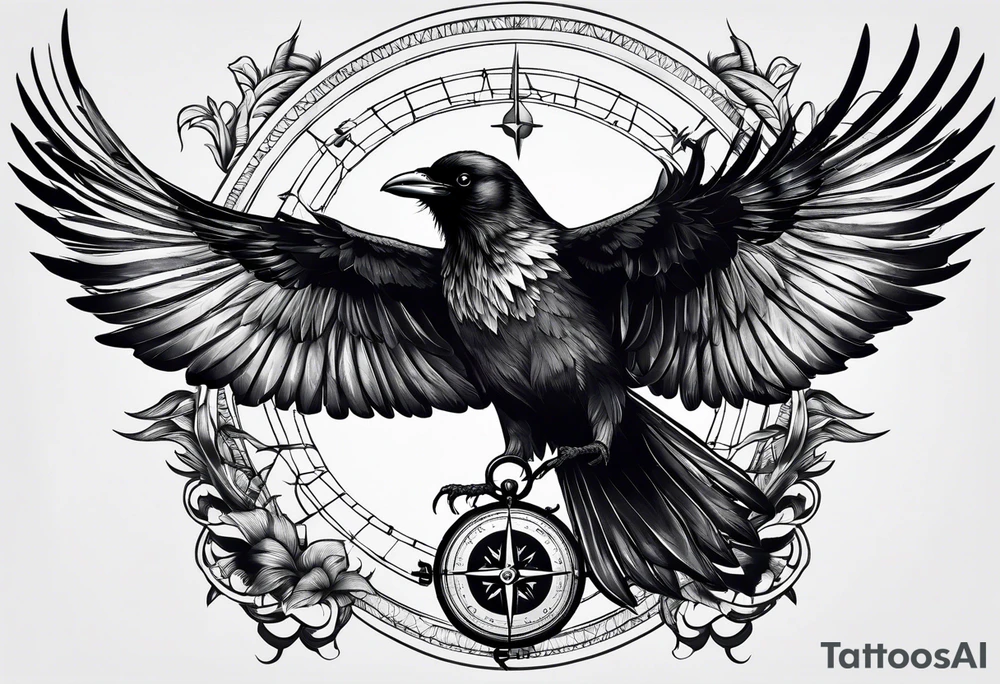 flying crow with compass and two wings tattoo idea