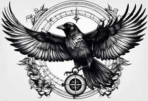 flying crow with compass and two wings tattoo idea