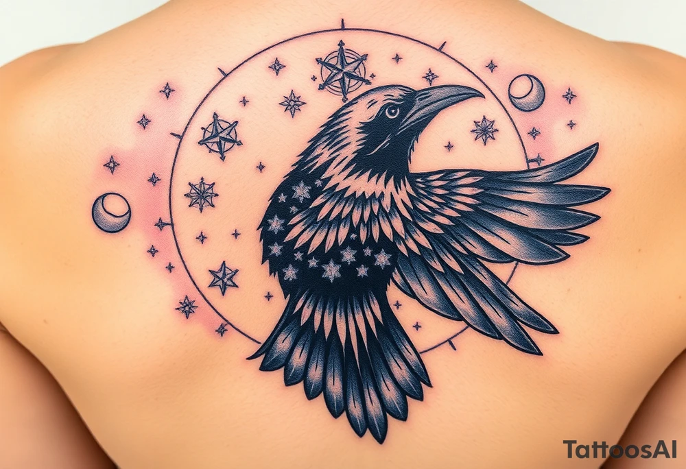 Raven with starry sky background with zodiac constellations in it with runes in sky tattoo idea