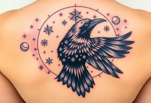 Raven with starry sky background with zodiac constellations in it with runes in sky tattoo idea