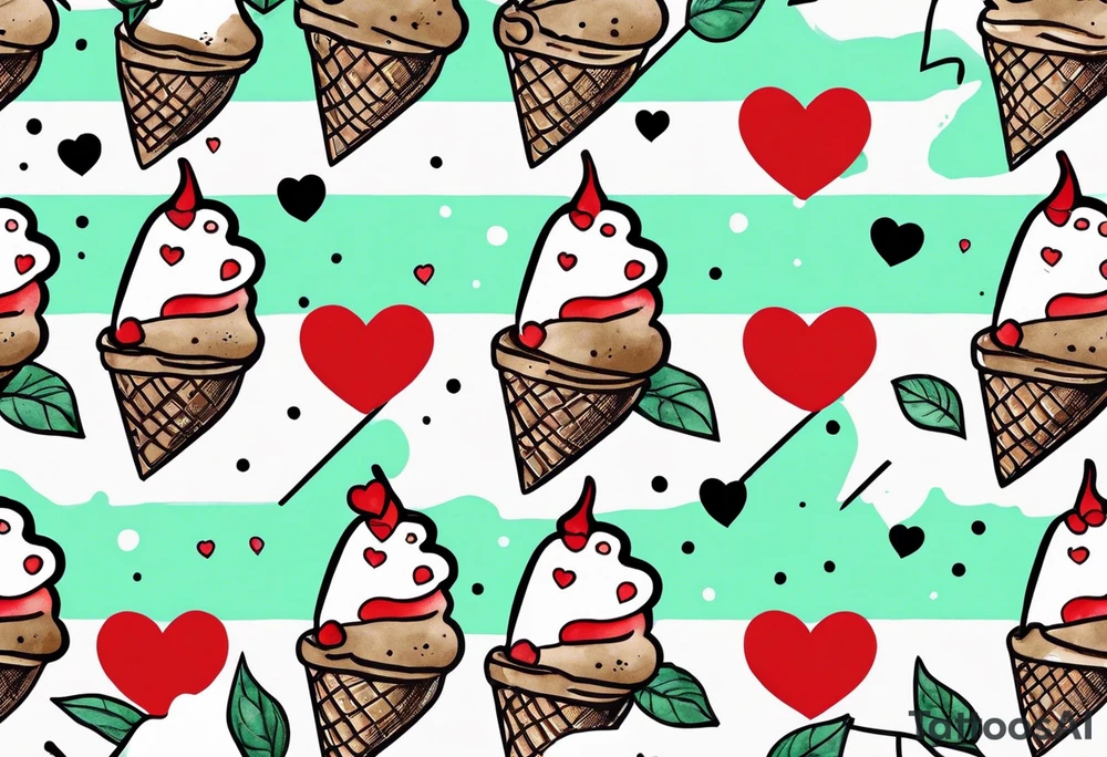 simple mint chocolate chip ice cream cone with small red heart on it somewhere. tattoo idea
