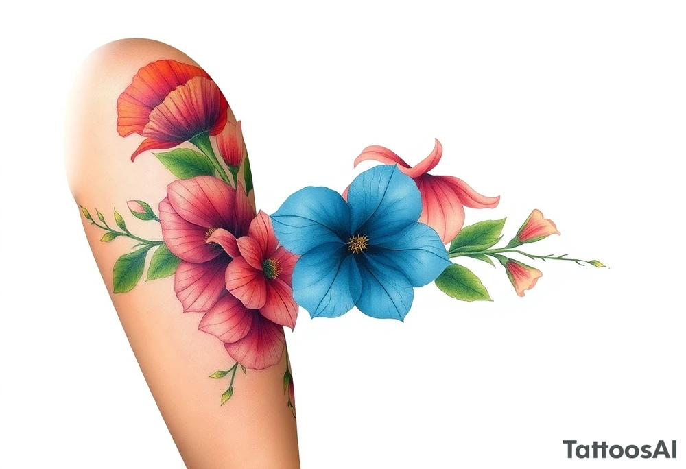 Fore arm tattoo in the neo american traditional style. I want to incorporate a few different flowers: Poppies, Morning Glory, Narcissus with green leaves in the background tattoo idea