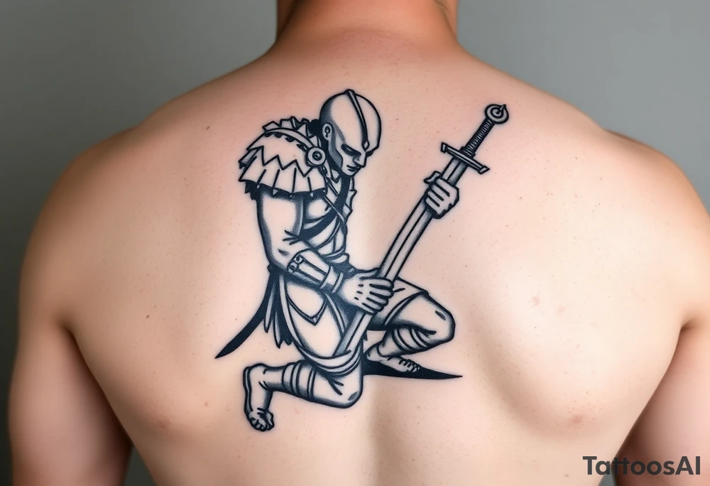Exhausted warrior with sword praying on one knee tattoo idea