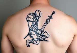 Exhausted warrior with sword praying on one knee tattoo idea