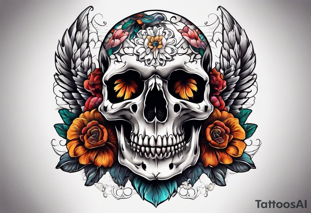 Crow skull with mushrooms and nature in the background tattoo idea