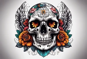 Crow skull with mushrooms and nature in the background tattoo idea