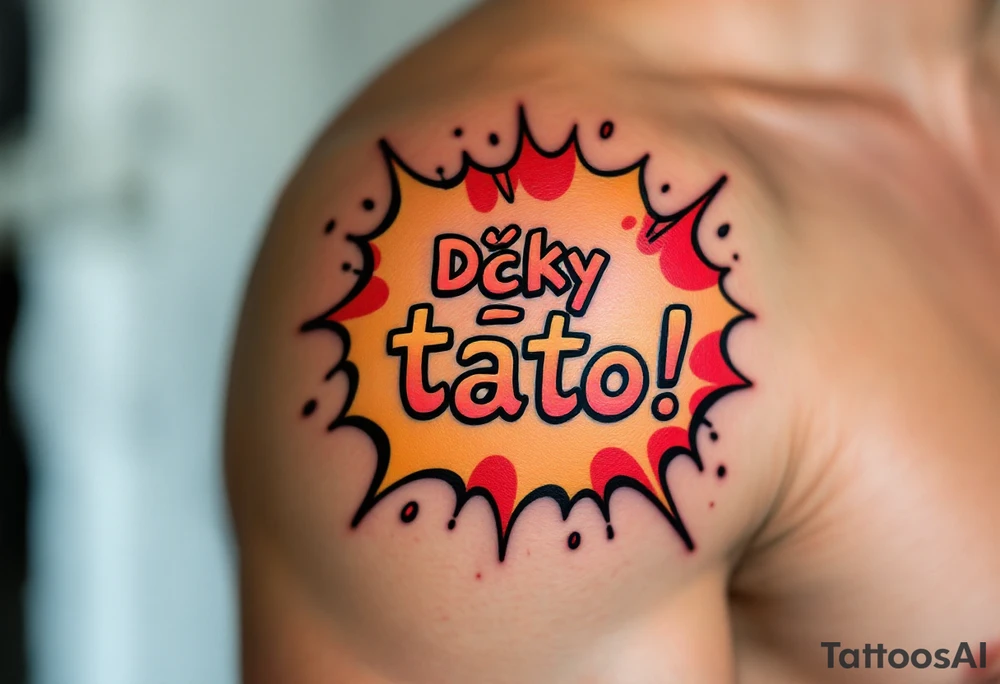 A comic-book style “Díky tato!” bubble in red and yellow with “Díky tati!” inside. tattoo idea