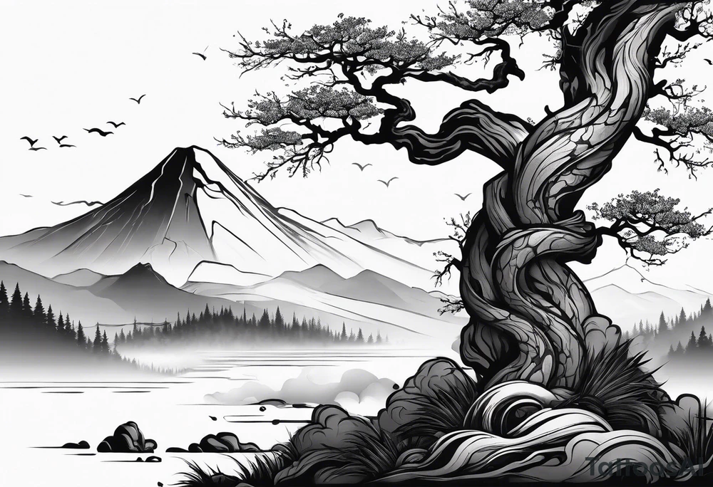 Full arm sleeve, tree going up to shoulder dead tree going down to wrist, wrapped in a serpent moving down with mountain, water elements tattoo idea