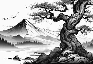 Full arm sleeve, tree going up to shoulder dead tree going down to wrist, wrapped in a serpent moving down with mountain, water elements tattoo idea