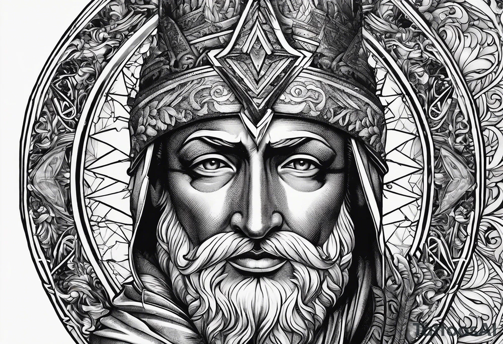 Representation of God underneath an up arrow to the left of an image of a man above a down arrow. tattoo idea