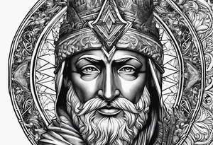 Representation of God underneath an up arrow to the left of an image of a man above a down arrow. tattoo idea