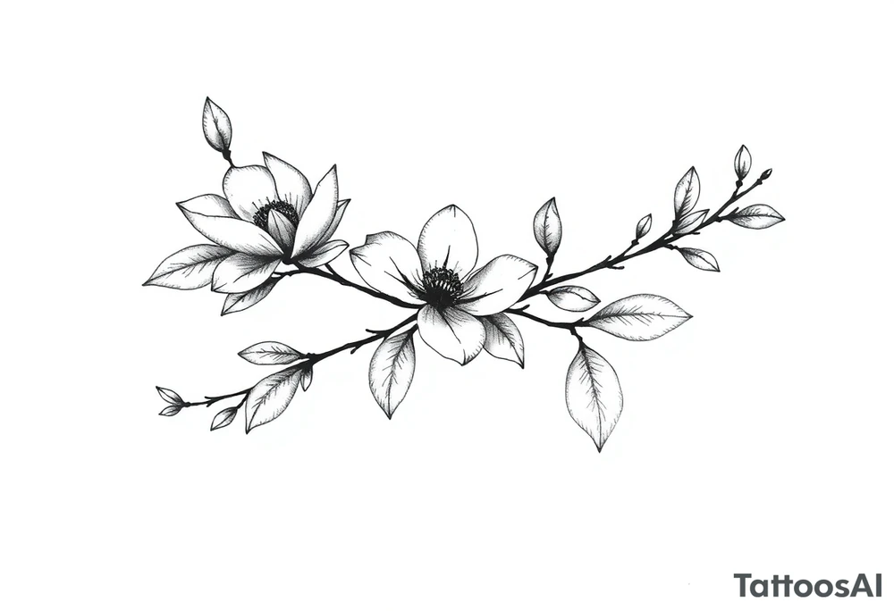 Graceful long magnolia branch with closed flowers tattoo idea