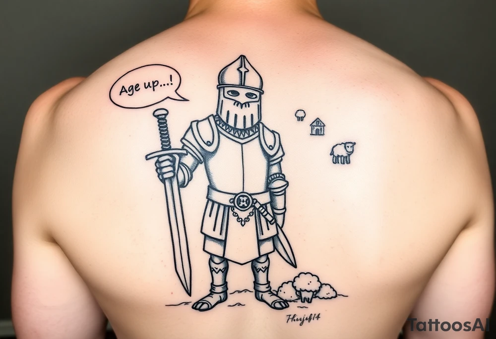 "Blackwork or sketch-style tattoo of a funny medieval knight inspired by Age of Empires IV, standing proudly with a wooden sword and wearing a slightly oversized helmet. The knight looks confused or silly. Add a speech bubble saying 'I need more food!' or 'Age up!' Include small game-inspired icons like a sheep, gold pile, or a Town Center in the background. Humorous tone, drawn in hand-sketched or rough ink style. Designed for shoulder placement." tattoo idea