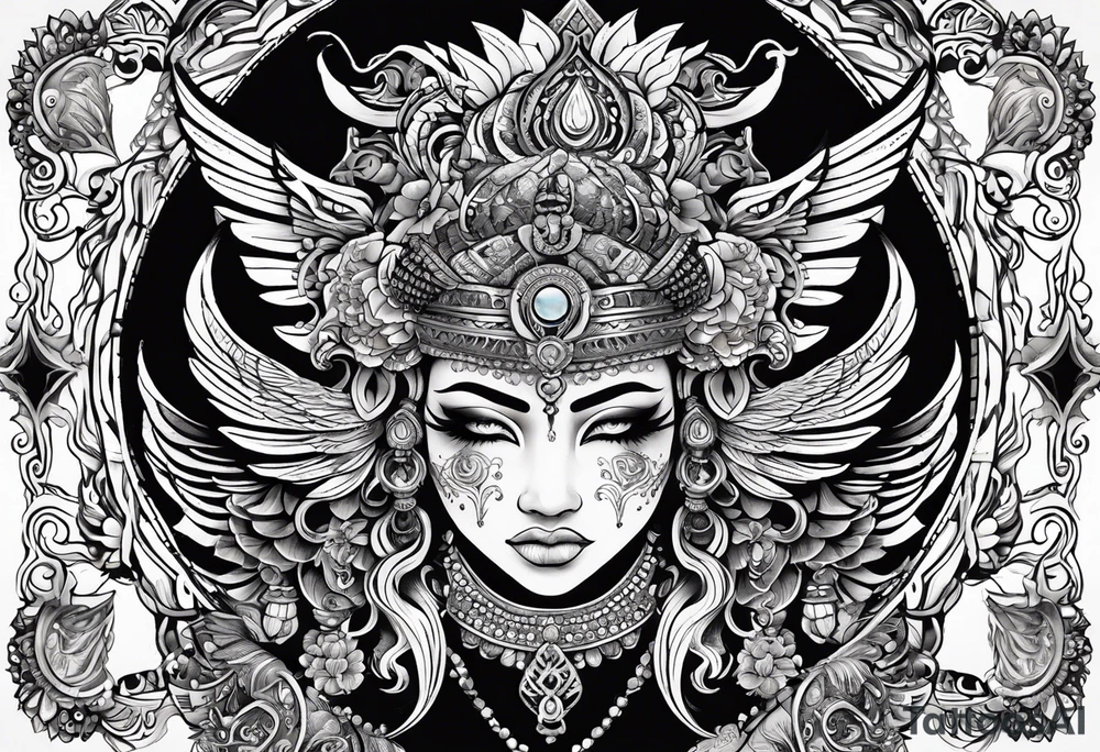 black kali, goddess pirate, alien, angel, pachamama, valkrye, warrior, flying, skull, lotus azul, wing, eagle, zenza resonance, stars, 5D, anahata chakra, death, durga, riding on a tiger, flying lady, kundalini, chest tatoo, samuri, rebel tattoo idea
