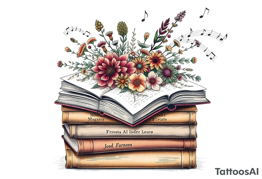 stack of 3 vintage books with famous names on the spines top book open with bouquet of different kinds of wild 
flowers coming out of it
Music notes dancing around in the background tattoo idea