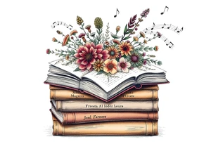 stack of 3 vintage books with famous names on the spines top book open with bouquet of different kinds of wild 
flowers coming out of it
Music notes dancing around in the background tattoo idea