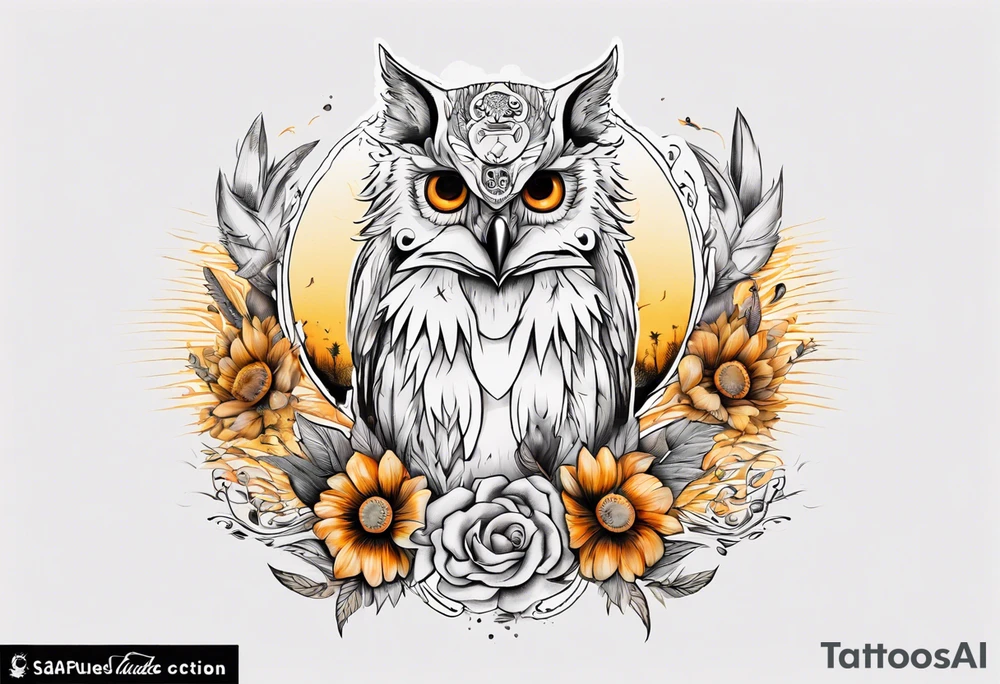 halb 
Fuchs halb Eule unter der Sonne mit dem Schriftzug Sapere Aude tattoo idea