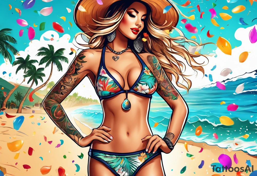 SURFING SAFARI BEACH DANCE 
PARTY WITH CONFETTI AND MUSIC NOTES, TROPICAL DRINKS, SEXY BIKINIS tattoo idea