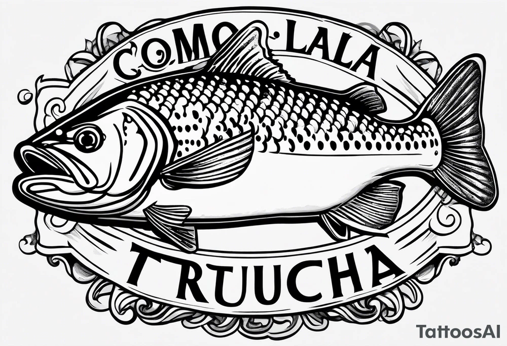 A shaded trout with text that says, 'Como la trucha...' tattoo idea