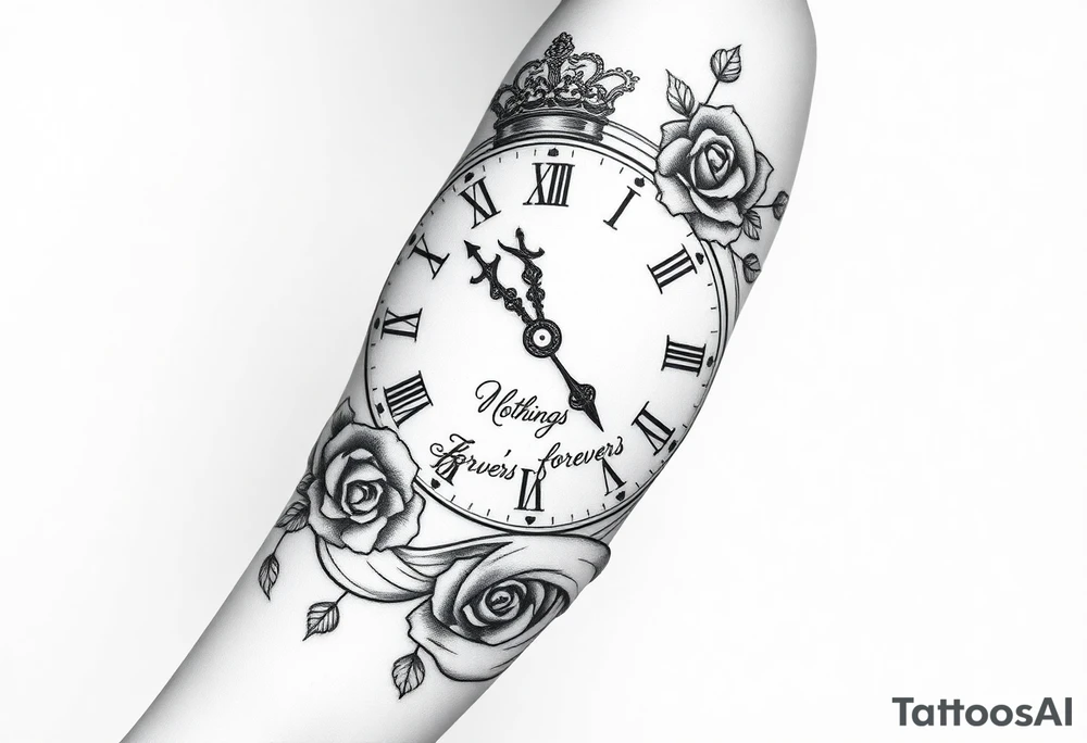 Roman clock with roses and a crown,  a quote that says nothings forever. and on the bottom a deck of cards tattoo idea