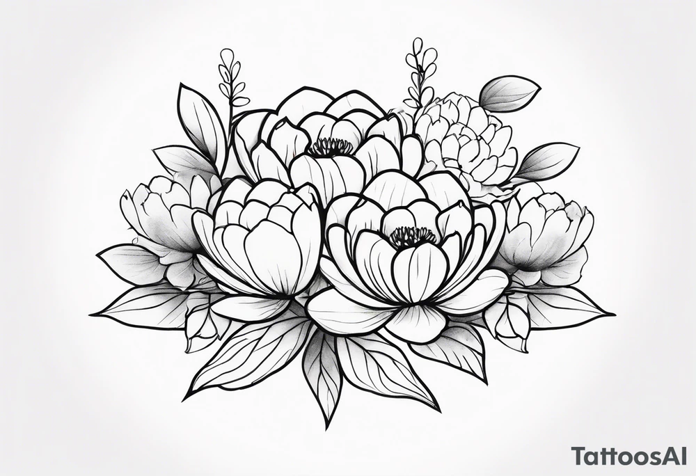 a flower bouquet with water lilies, peonies, and holly branches where the stems come together and say "resilience" in cursive and it is all tied together with a bow that says "september 1, 2009" tattoo idea