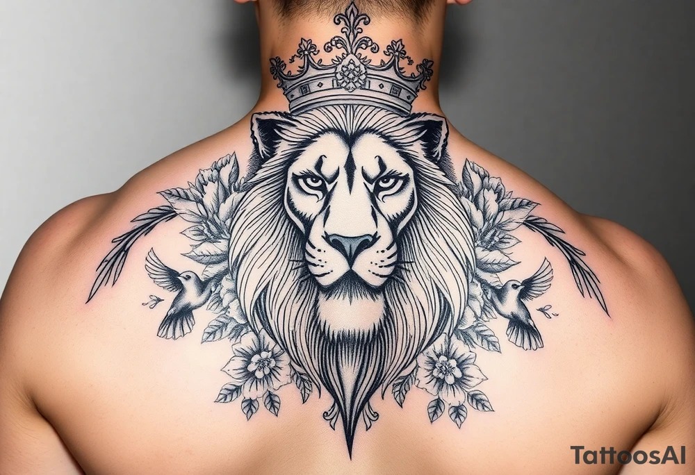 powerful majestic lion with a crown, surrounded by floral ornaments and birds tattoo idea