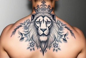 powerful majestic lion with a crown, surrounded by floral ornaments and birds tattoo idea