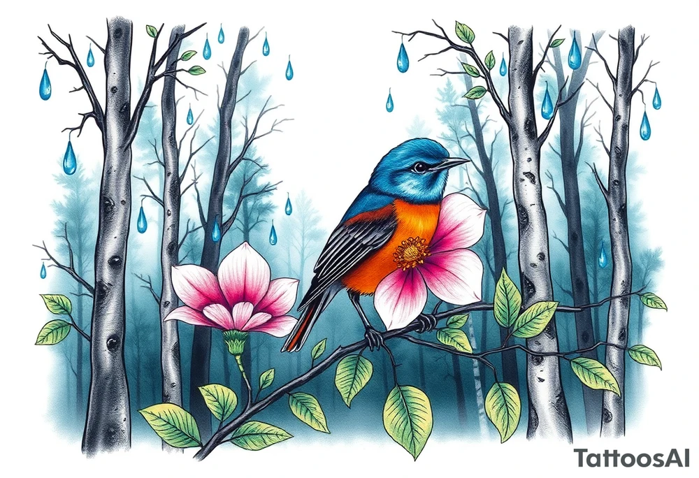 forest trees background
blue rain drops
pink camelia flower
blue and brown wren bird tattoo idea